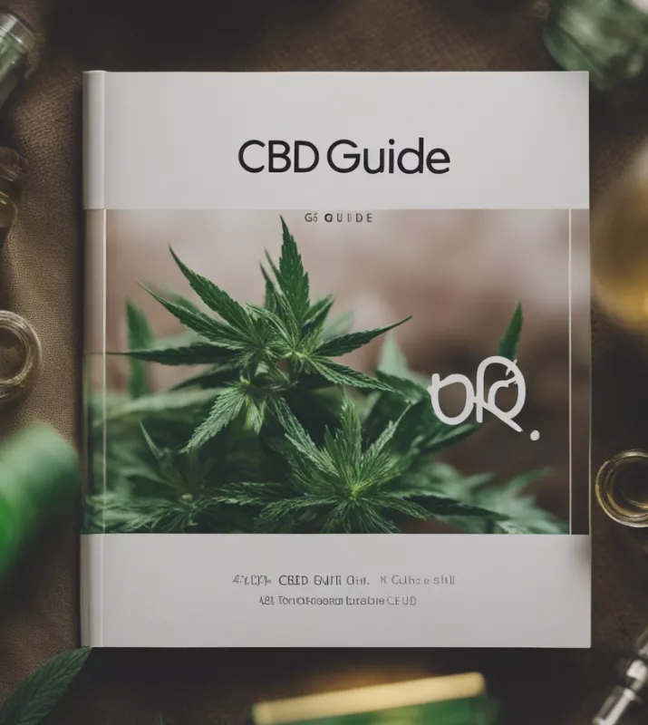 Book titled 'CBD Guide' with vibrant cannabis leaves