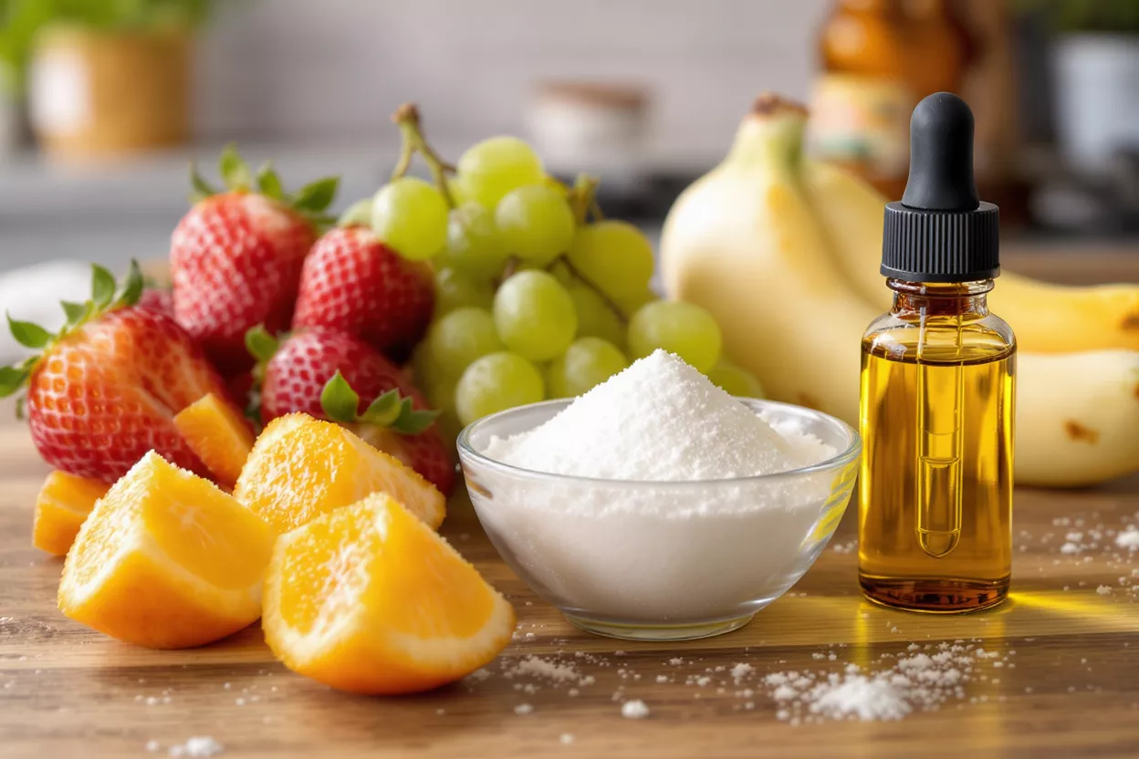 Strawberries, grapes, oranges, powder, and oil dropper bottle on a wooden surface.