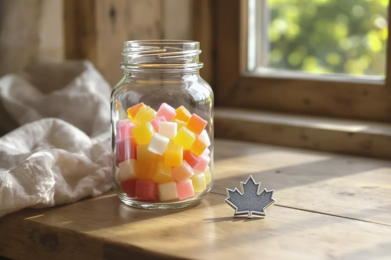 Glass jar of colorful gummy candies next to a silver maple leaf pin.