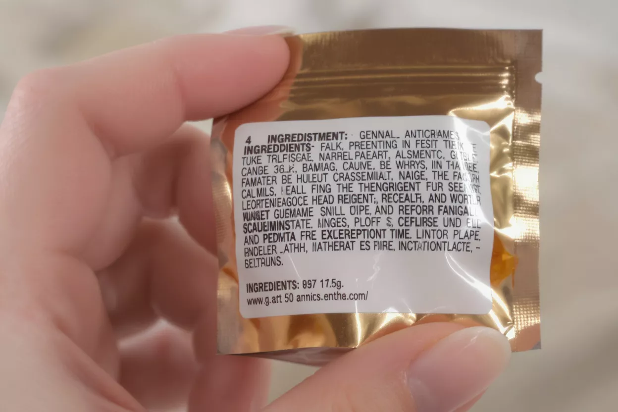 A hand holds a shiny gold pouch with an illegible ingredients list printed on it.