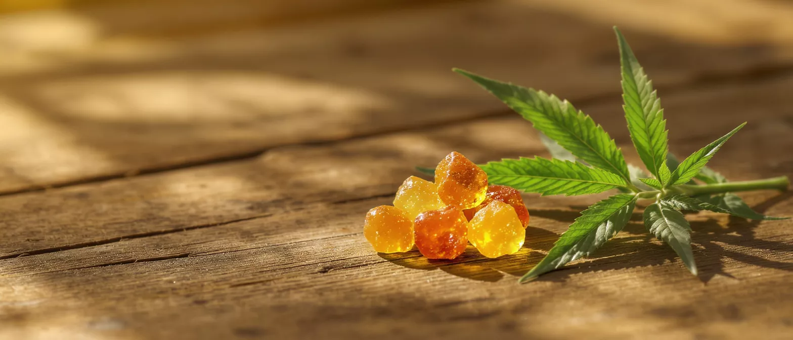 Colorful cannabis gummies next to a marijuana leaf