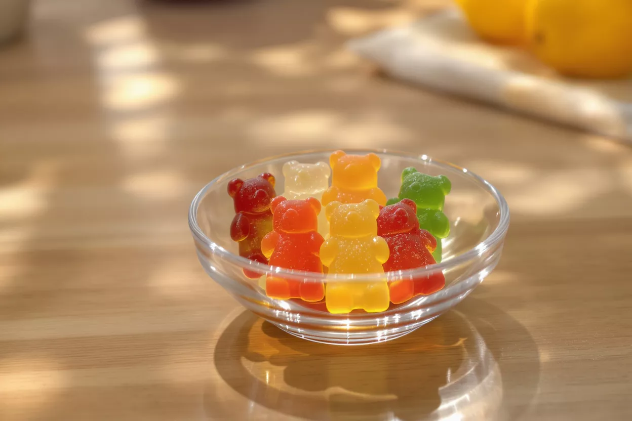 A small glass bowl filled with colorful gummy bears on a wooden table.