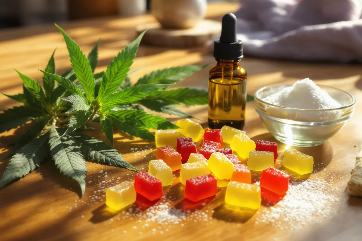 Bonbons au CBD, huile et feuille de chanvre sur une surface en bois avec du sucre en poudre.