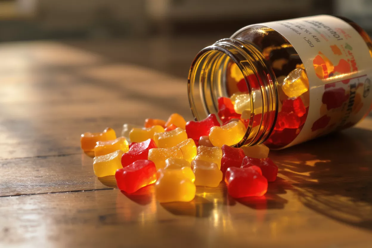 Vitamines Gomme Colorées Renversées Des vitamines gomme rouges, oranges et jaunes renversées d'une bouteille en verre sur une table en bois.