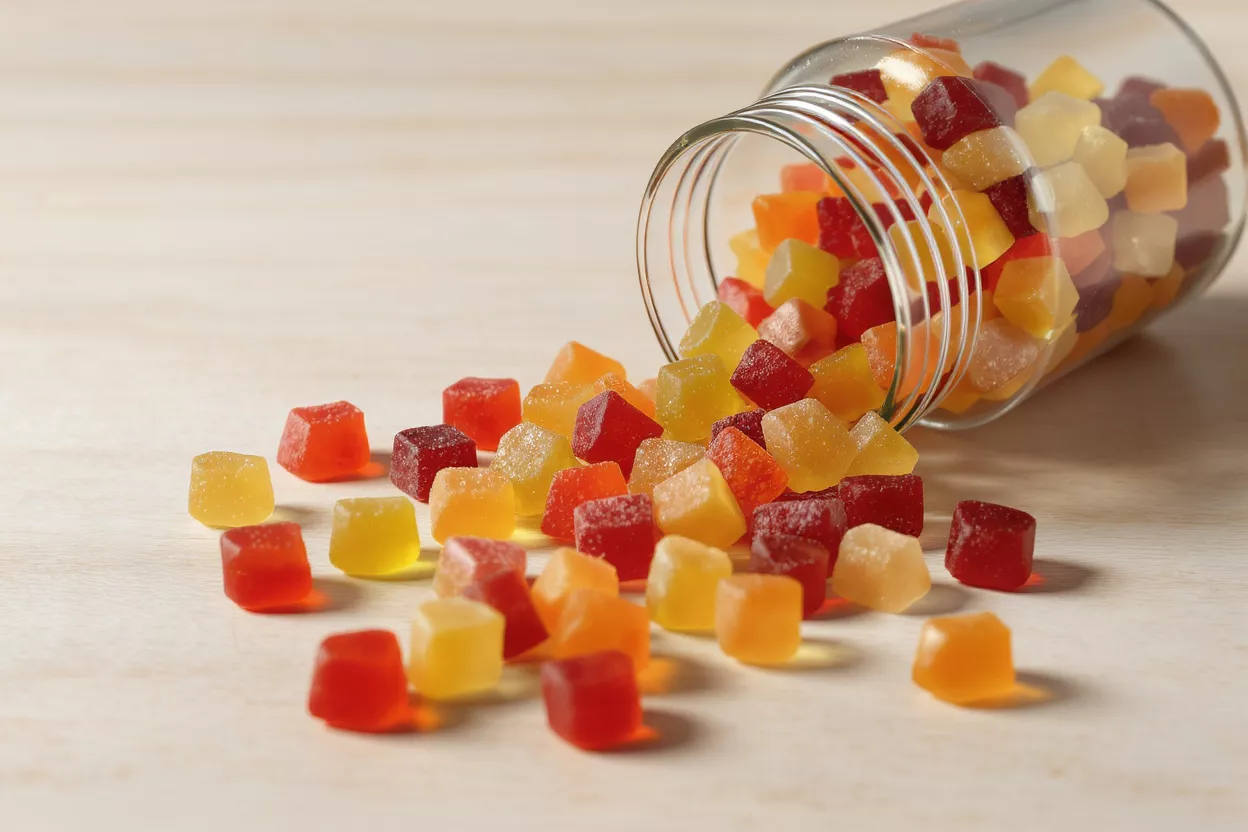 A glass jar spilled, scattering vibrant red, orange, and yellow gummy candies.