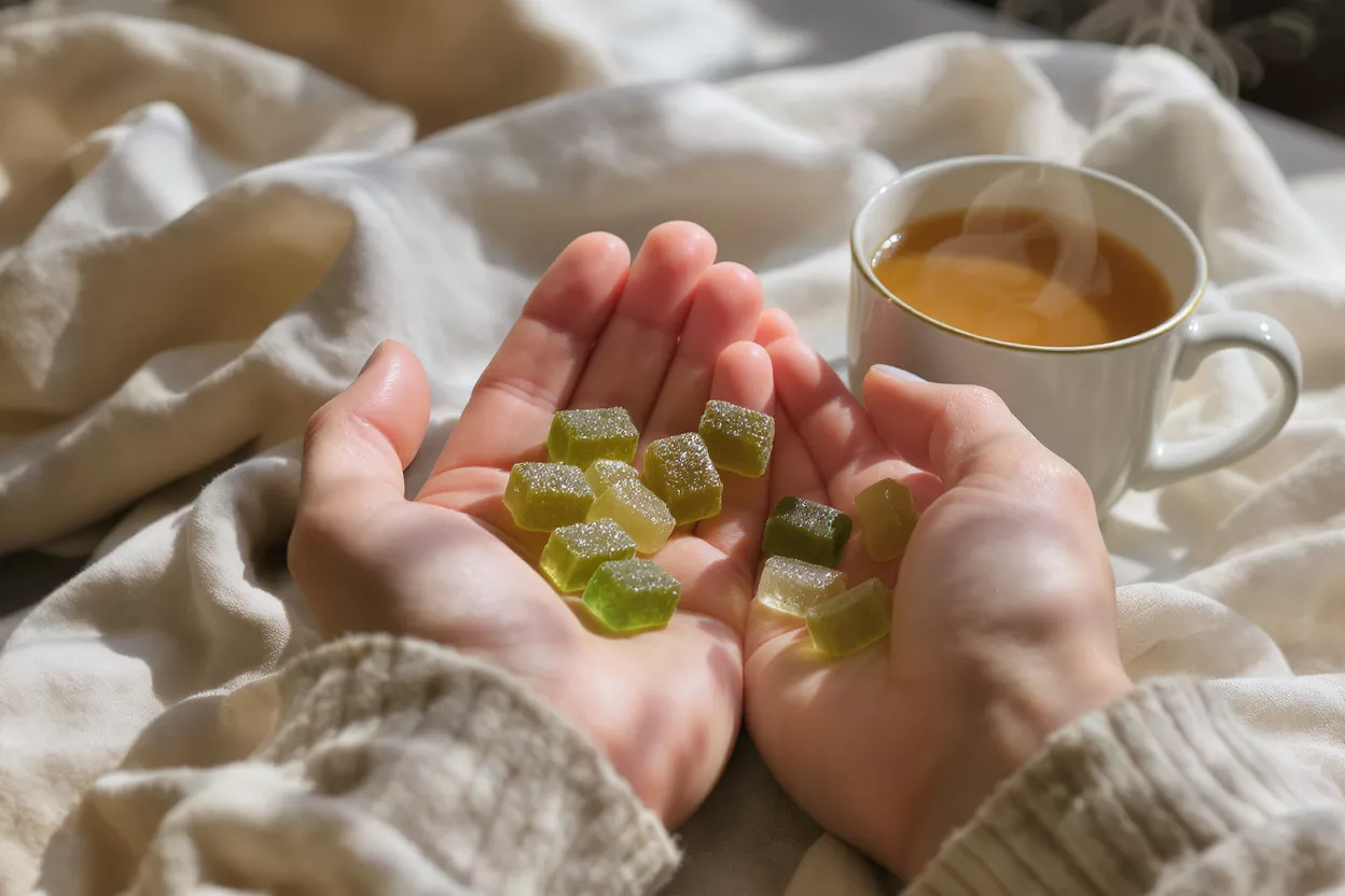 Hands holding green and yellow gummy candies, with a cup of coffee nearby.
