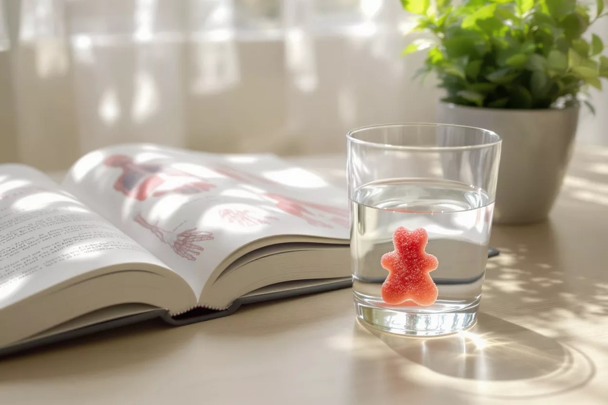 Bonbon en gélatine rouge dans un verre d'eau à côté d'un livre d'anatomie ouvert.