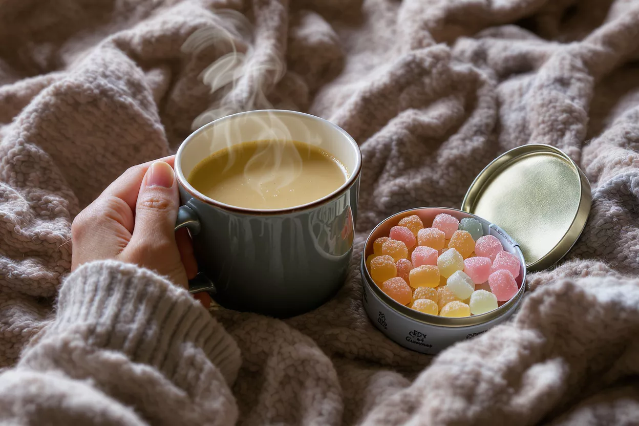 Café cosy et gommes Une main tient une tasse de café fumante à côté d'une boîte de gommes colorées.