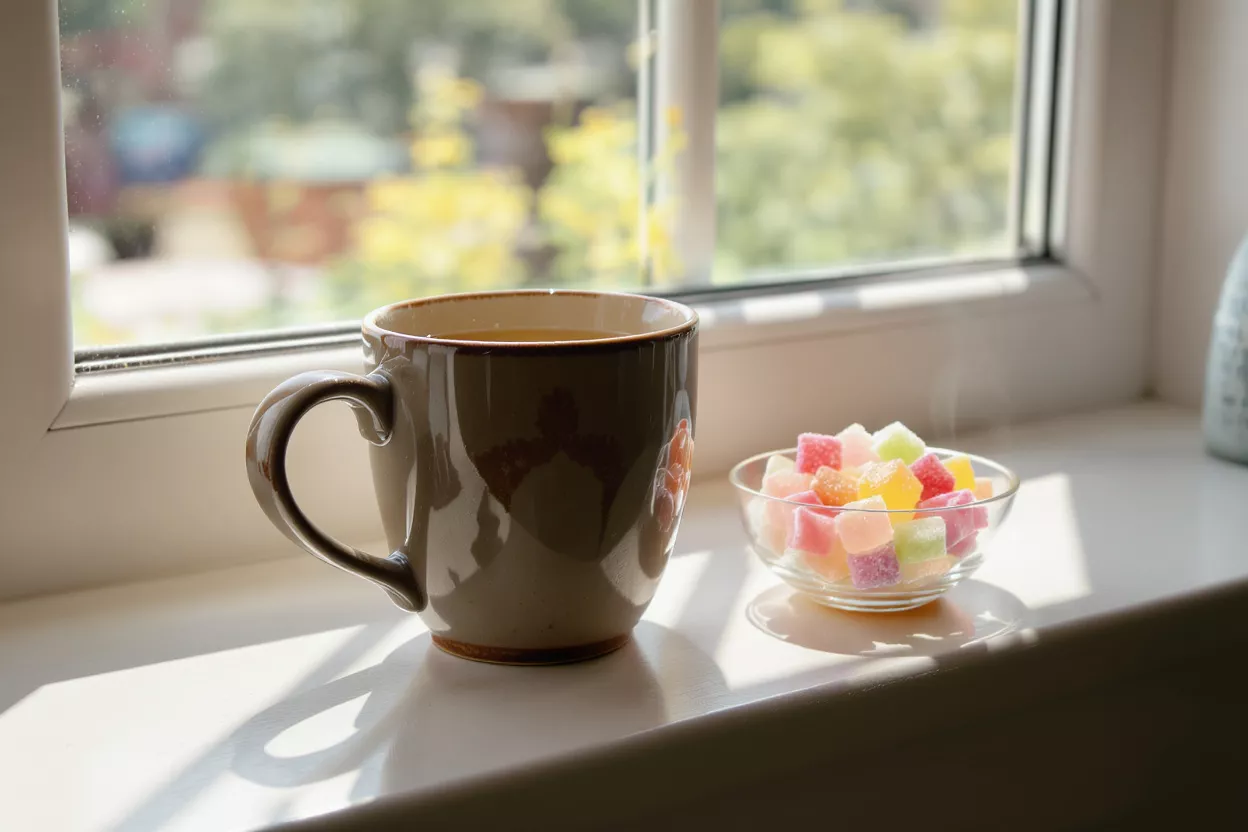A brown mug of tea and a bowl of colorful candies on a sunlit windowsill.