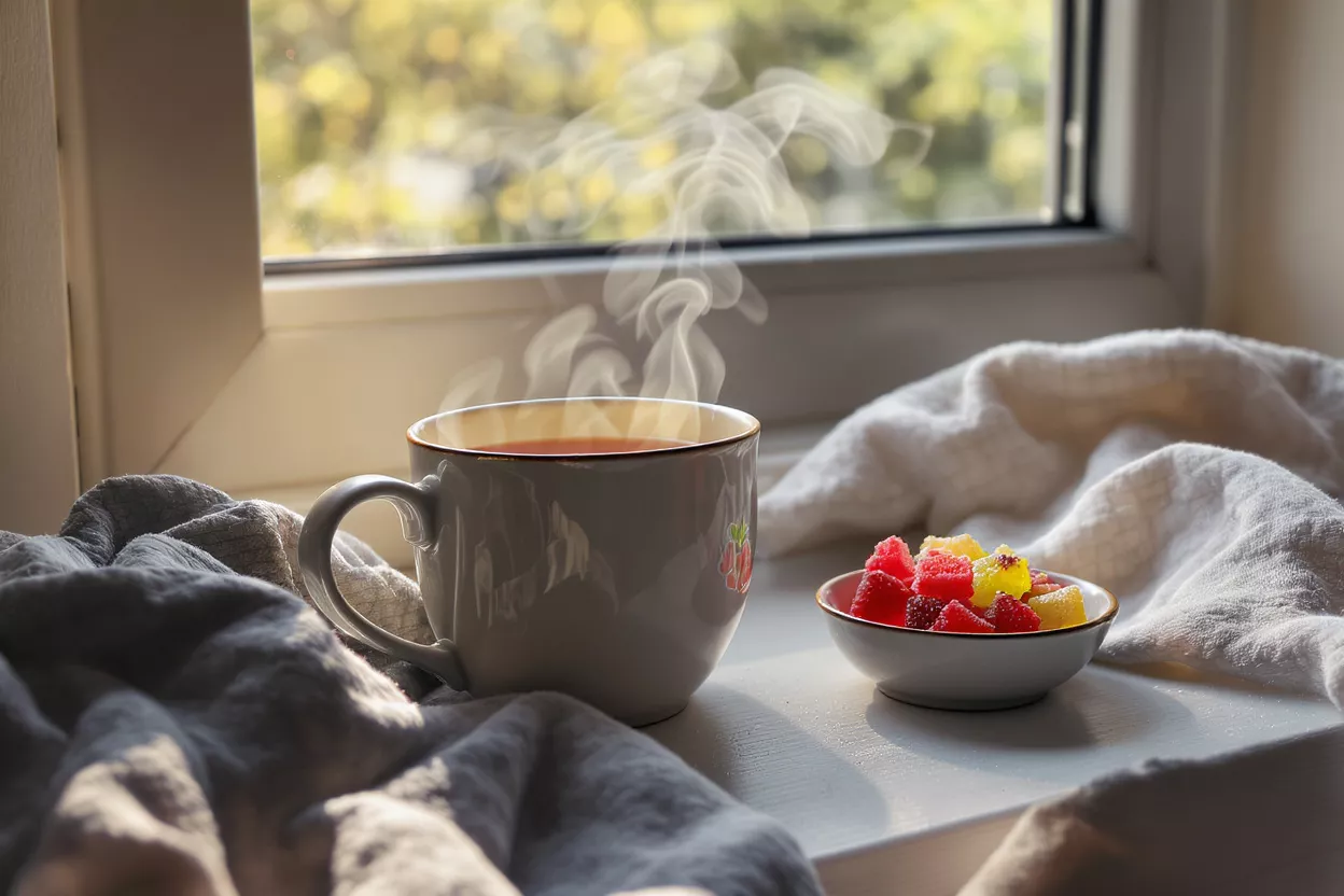 Steaming mug of tea and bowl of colorful jelly candies on a sunlit windowsill.