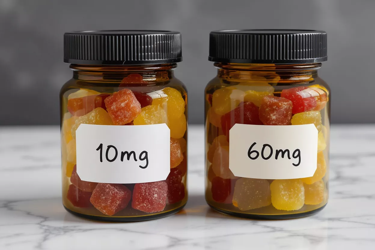 Two amber jars of colorful gummies, labeled 10mg and 60mg, on marble surface.