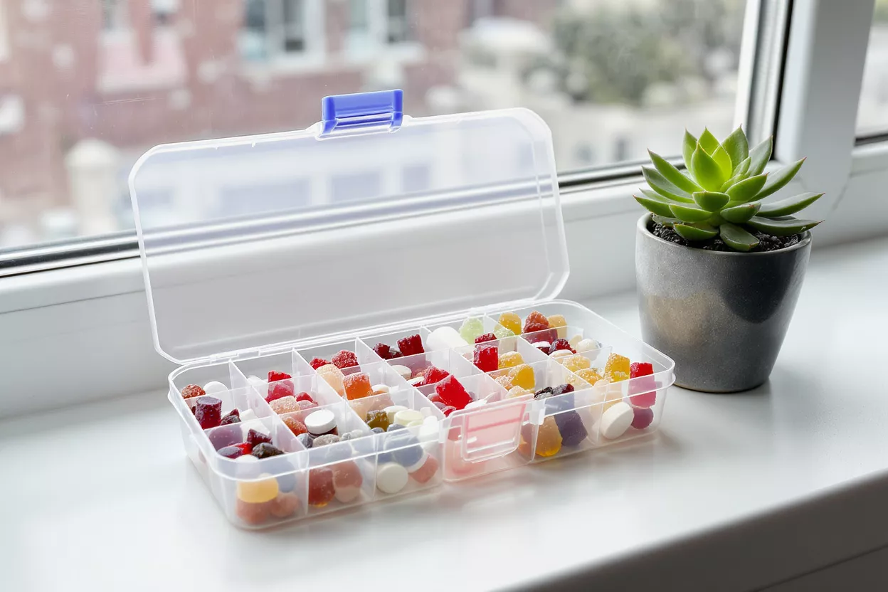 Organisateur de bonbons gélifiés et plante grasse Boîte organisatrice transparente remplie de bonbons gélifiés colorés à côté d'une plante grasse en pot.