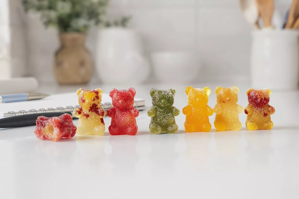 Six colorful gummy bears and one half-eaten gummy bear on a white desk.