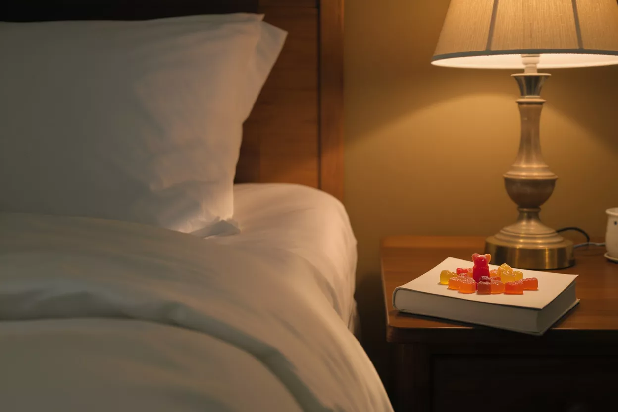 Colorful gummy bears on a book next to a bed with a lamp.
