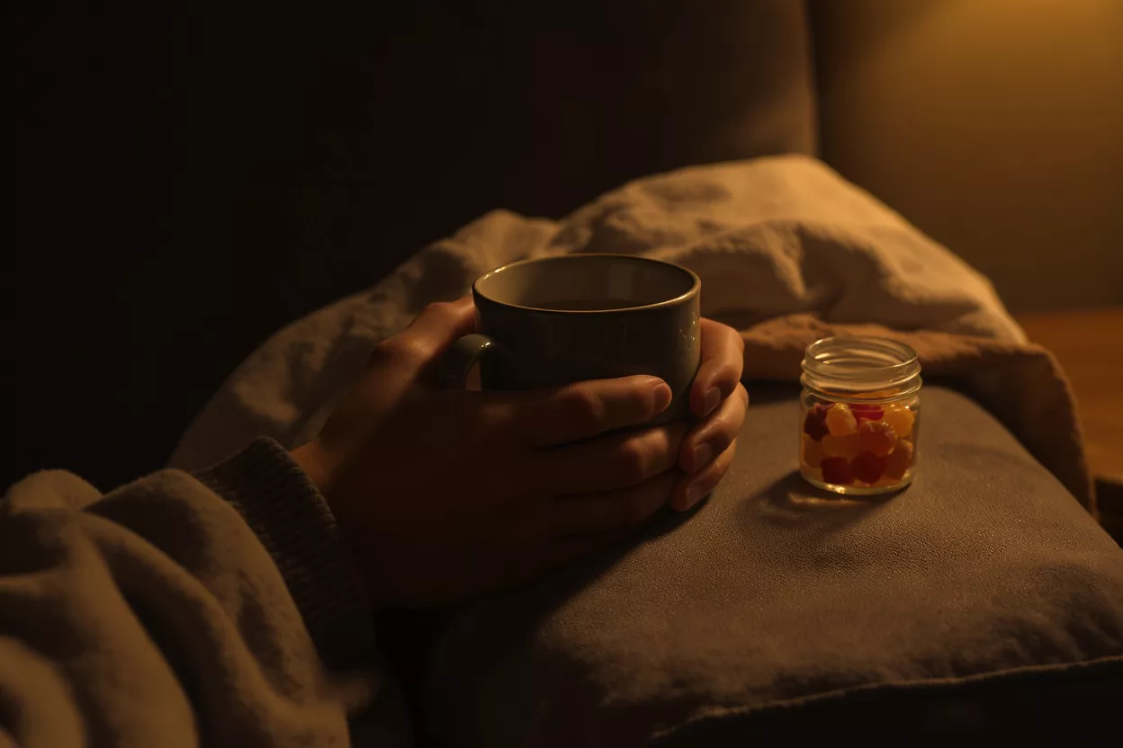 Mains tenant une tasse chaude à côté d'un bocal de bonbons colorés sur un canapé.