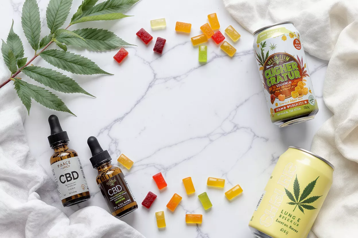 Assortiment de produits et comestibles au CBD Flacons d'huile de CBD, gommes colorées et boissons à thème cannabis sur marbre.