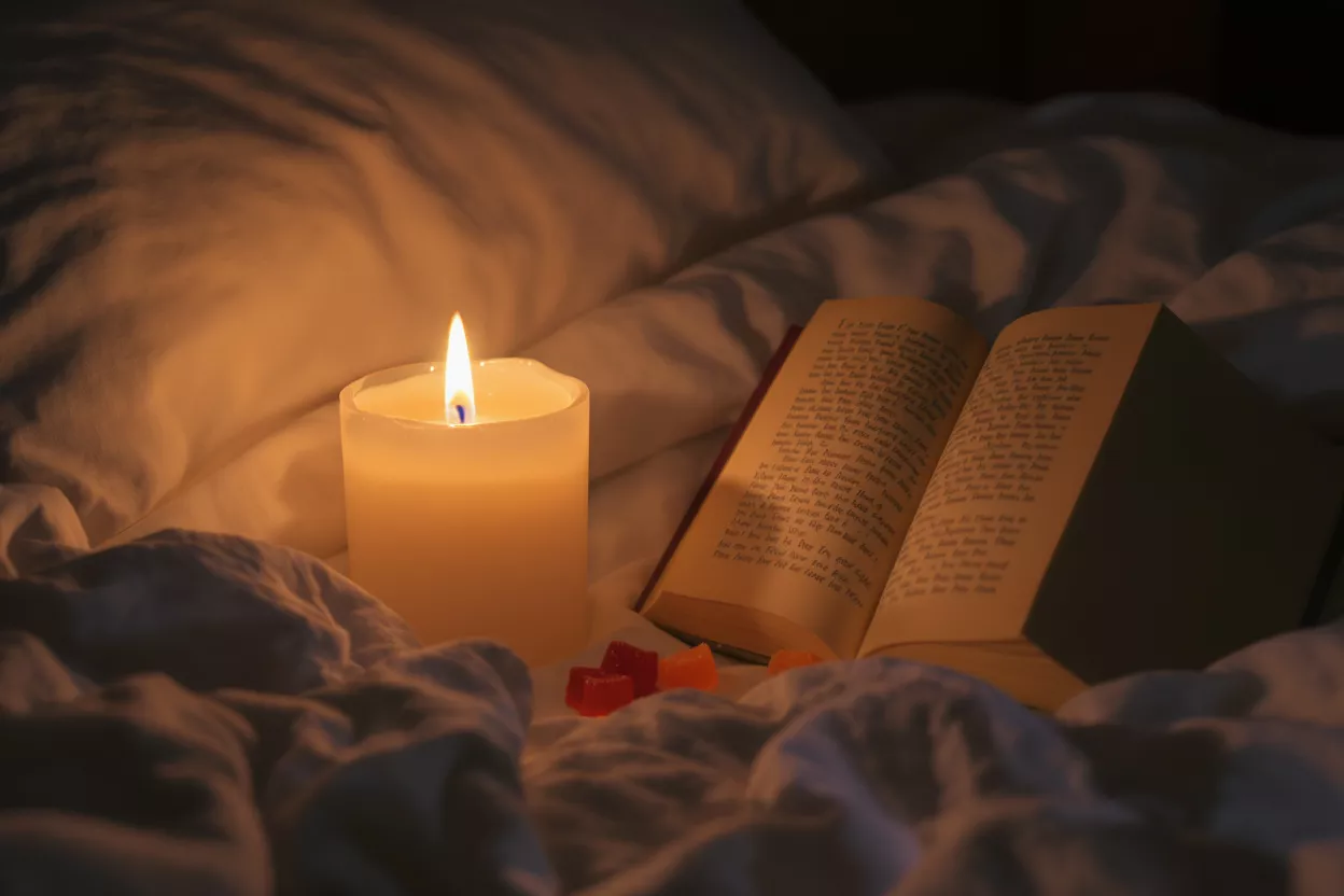 Lit candle, open book, and gummy candies on white bedding at night.