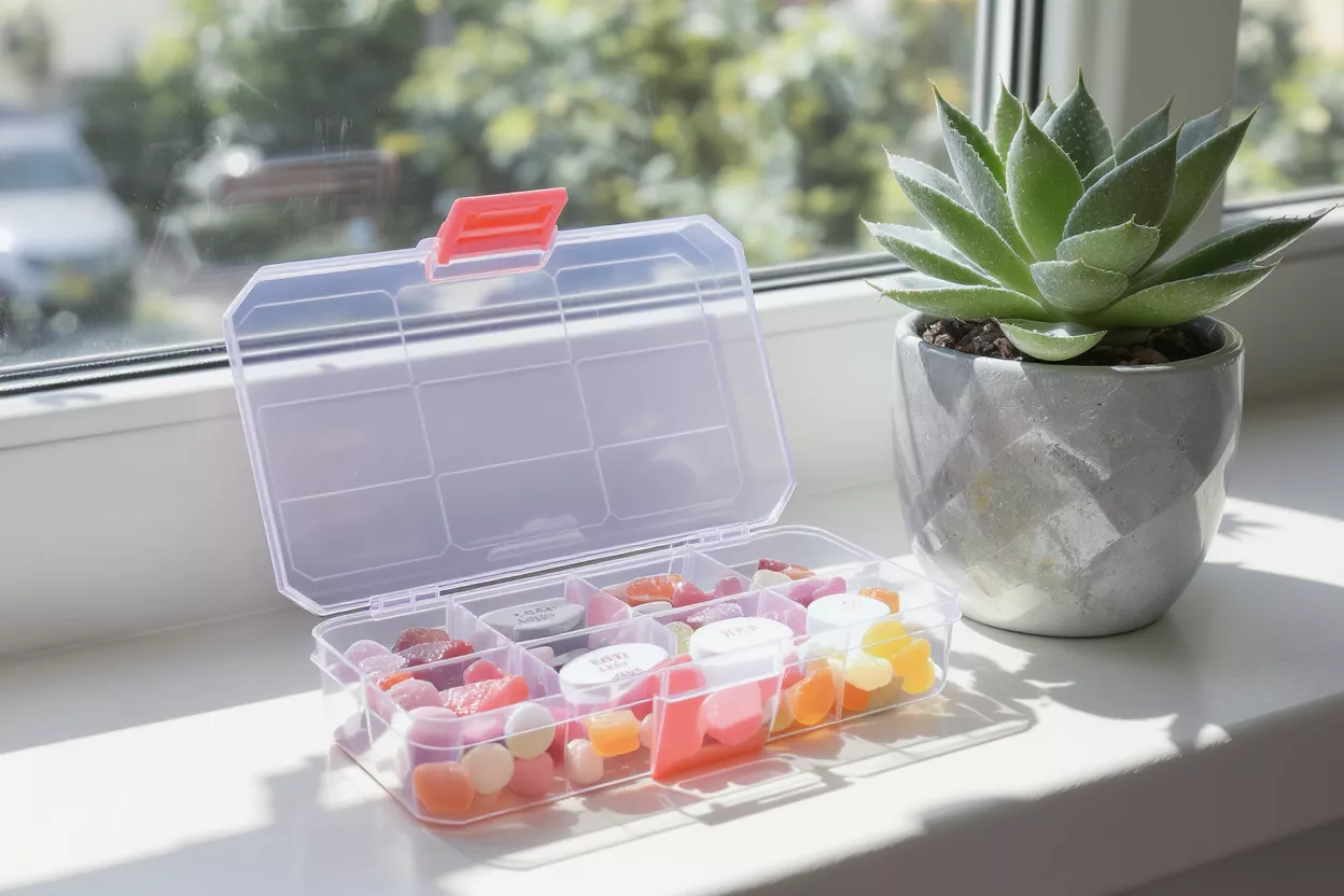 Clear plastic organizer filled with colorful gummy candies on a sunlit windowsill.