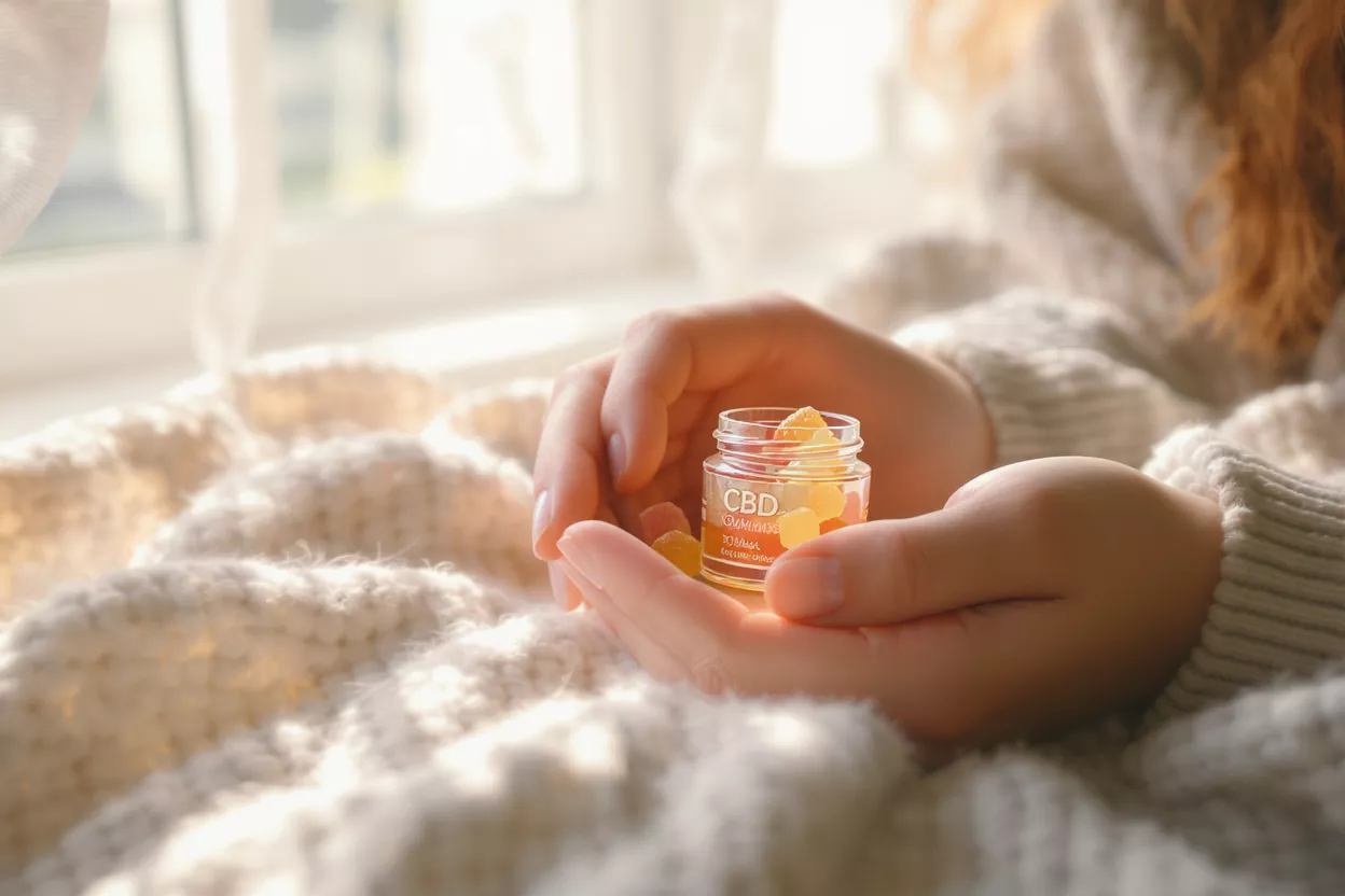 Hands holding a jar of CBD gummies on a cozy blanket