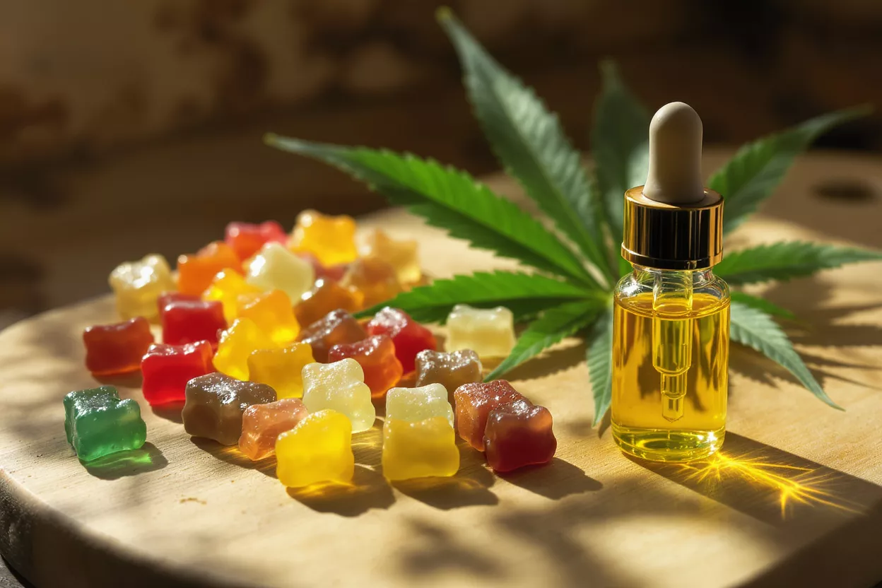 Colorful CBD gummies and a dropper bottle of oil