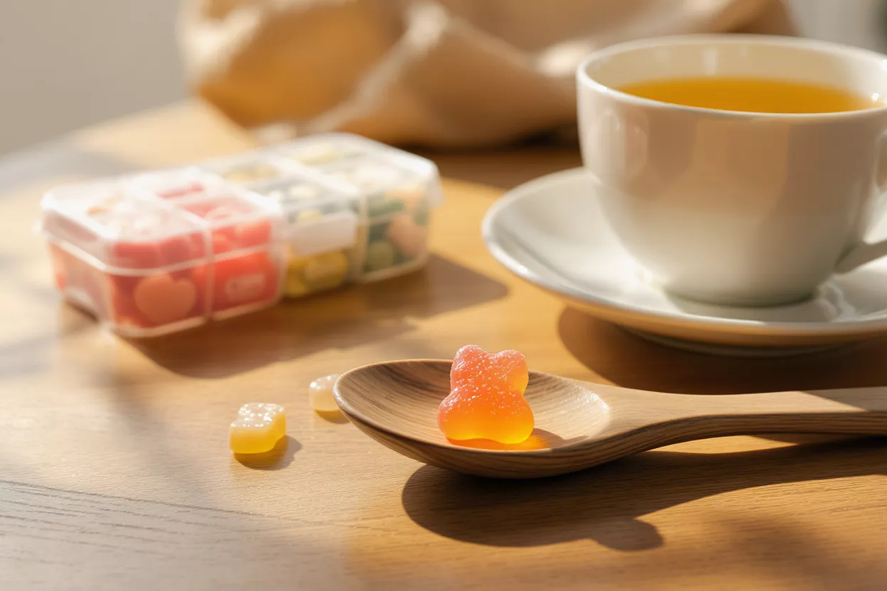 A vibrant gummy bear on a wooden spoon with tea