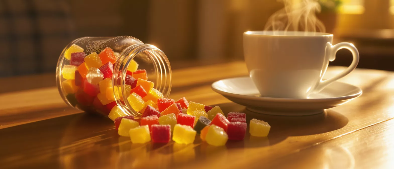 Colorful gummy candies spilled from a jar next to a steaming cup of coffee.