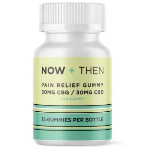 Pain relief gummies bottle with CBG and CBD, 15 count, child-resistant cap.