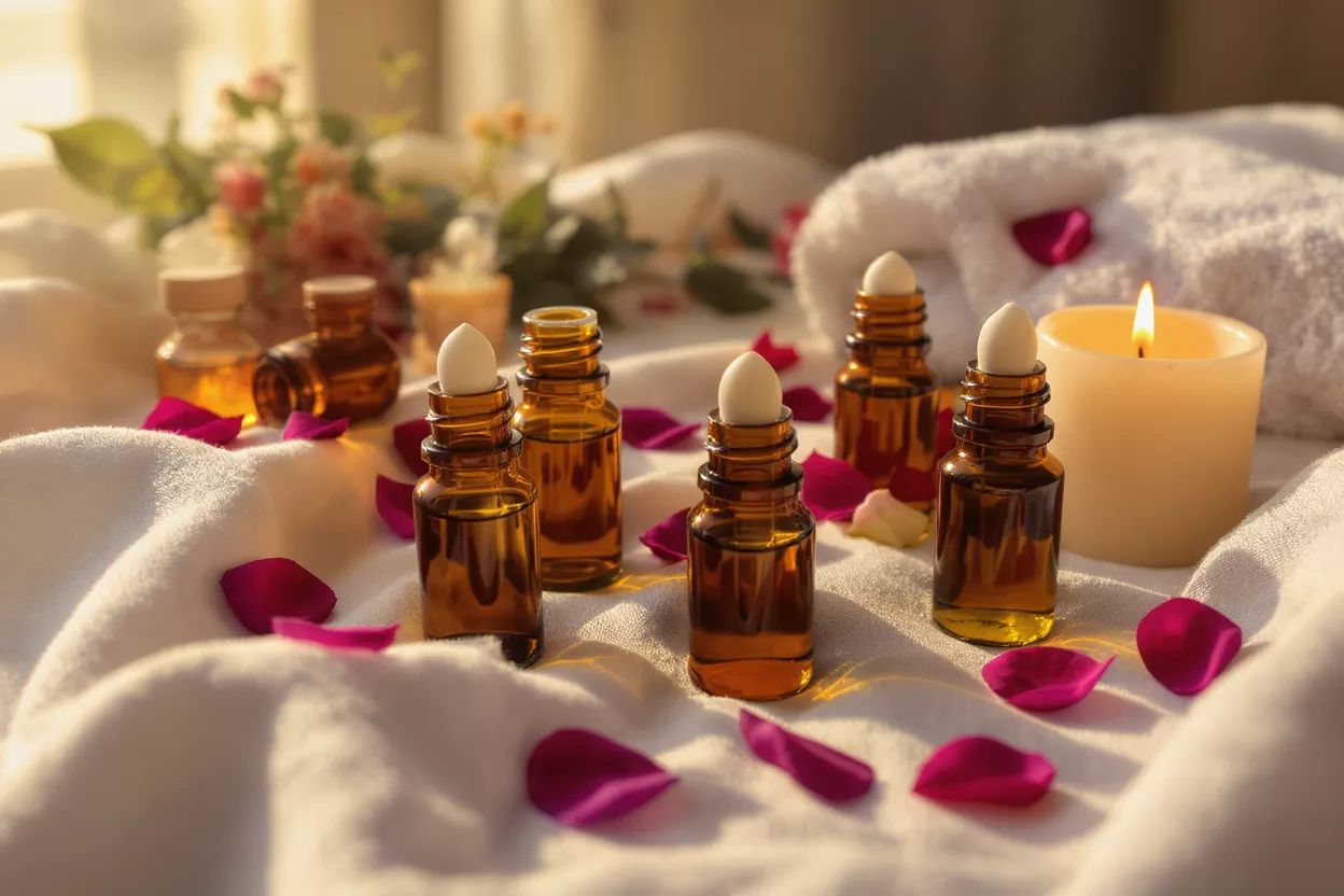 Amber essential oil roller bottles on a white towel with rose petals and a candle.