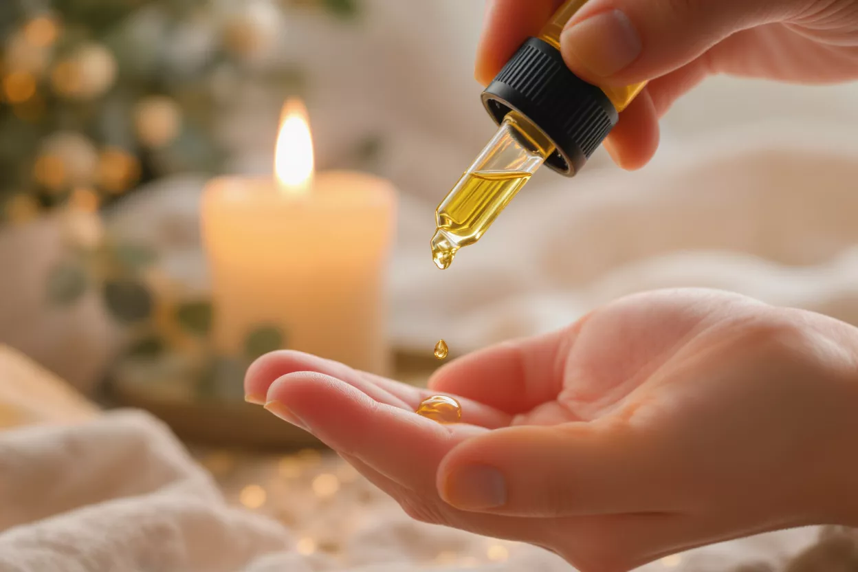 A dropper dispensing golden essential oil into a cupped hand with a candle.