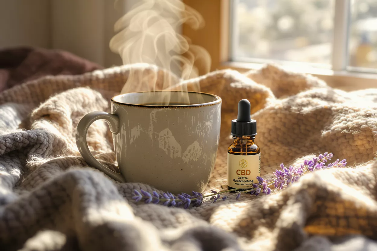 A steaming mug of coffee next to a CBD oil bottle and lavender sprigs.