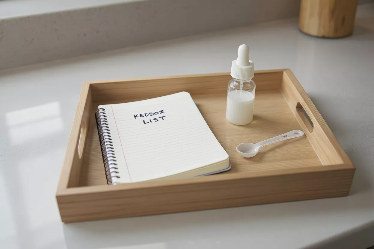 A wooden tray with a notebook labeled 'KEDBOX LIST', a dropper bottle, and spoon.