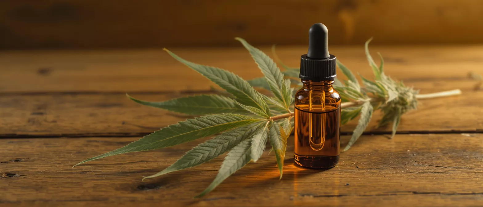 CBD Oil with Cannabis Leaf Amber dropper bottle of CBD oil with cannabis leaf on rustic wooden table.