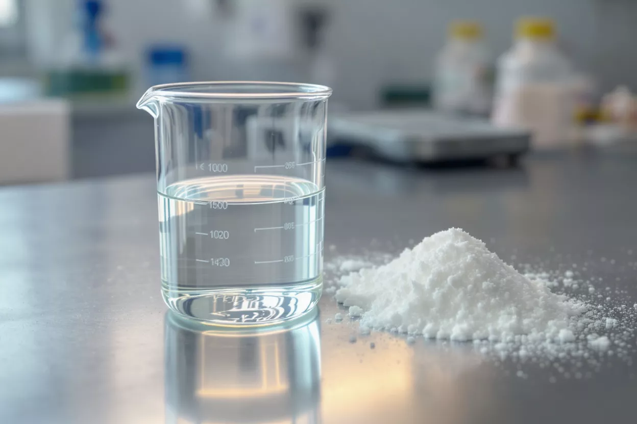 Verrerie de laboratoire avec eau et sel Un bécher rempli d'eau à côté d'un tas de sel