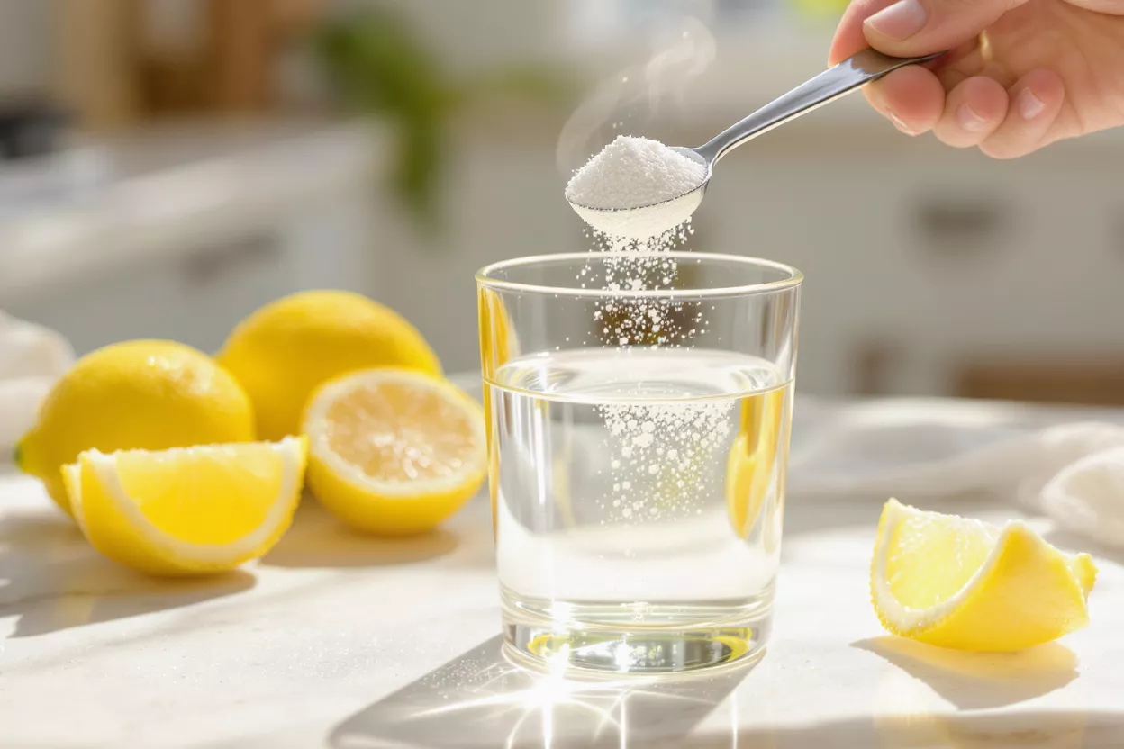Eau de Citron avec Sucre Une main ajoutant du sucre à de l'eau de citron dans un verre