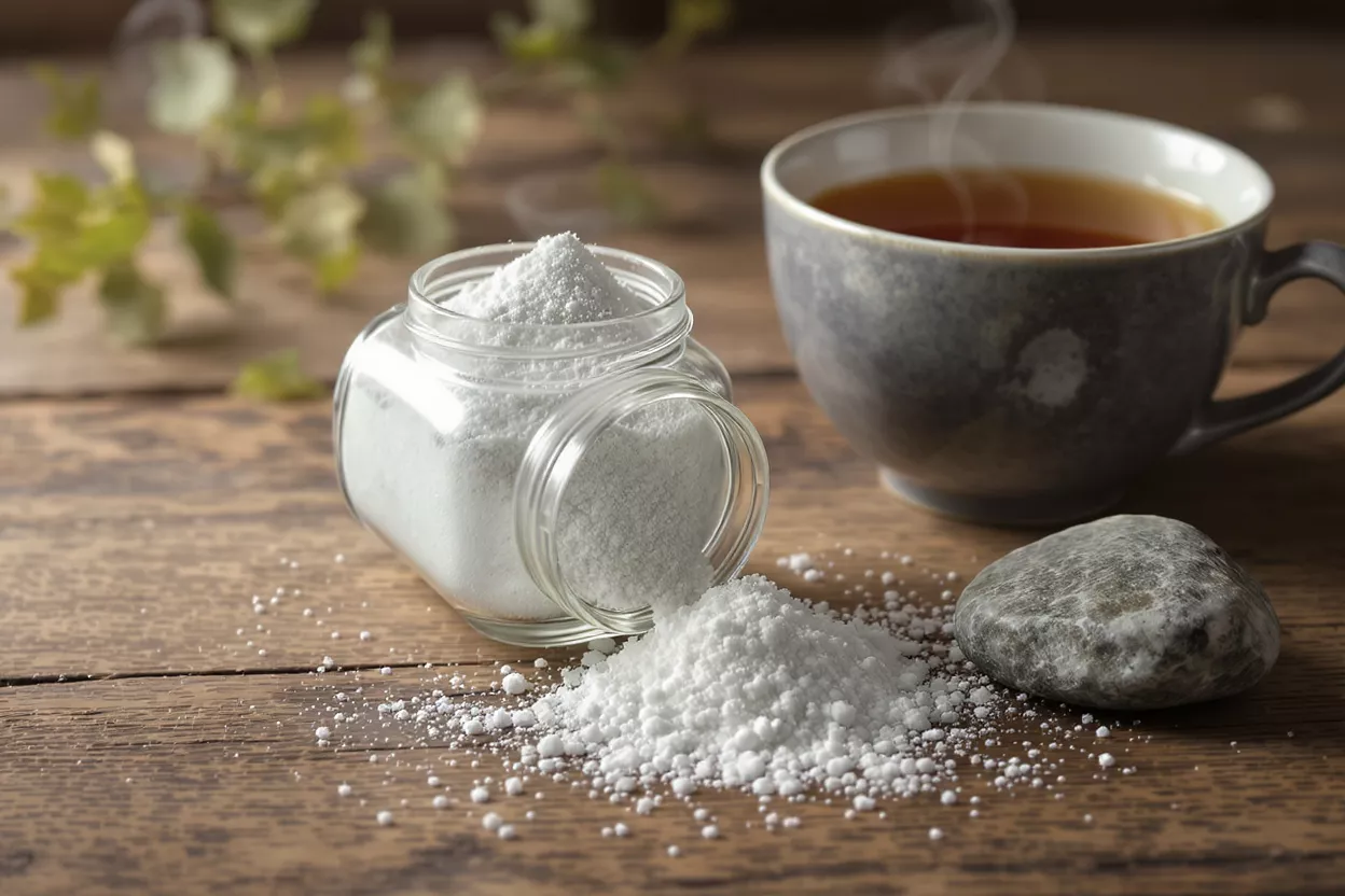 Sel et thé pour se détendre Bocal de sel renversé à côté d'une tasse de thé