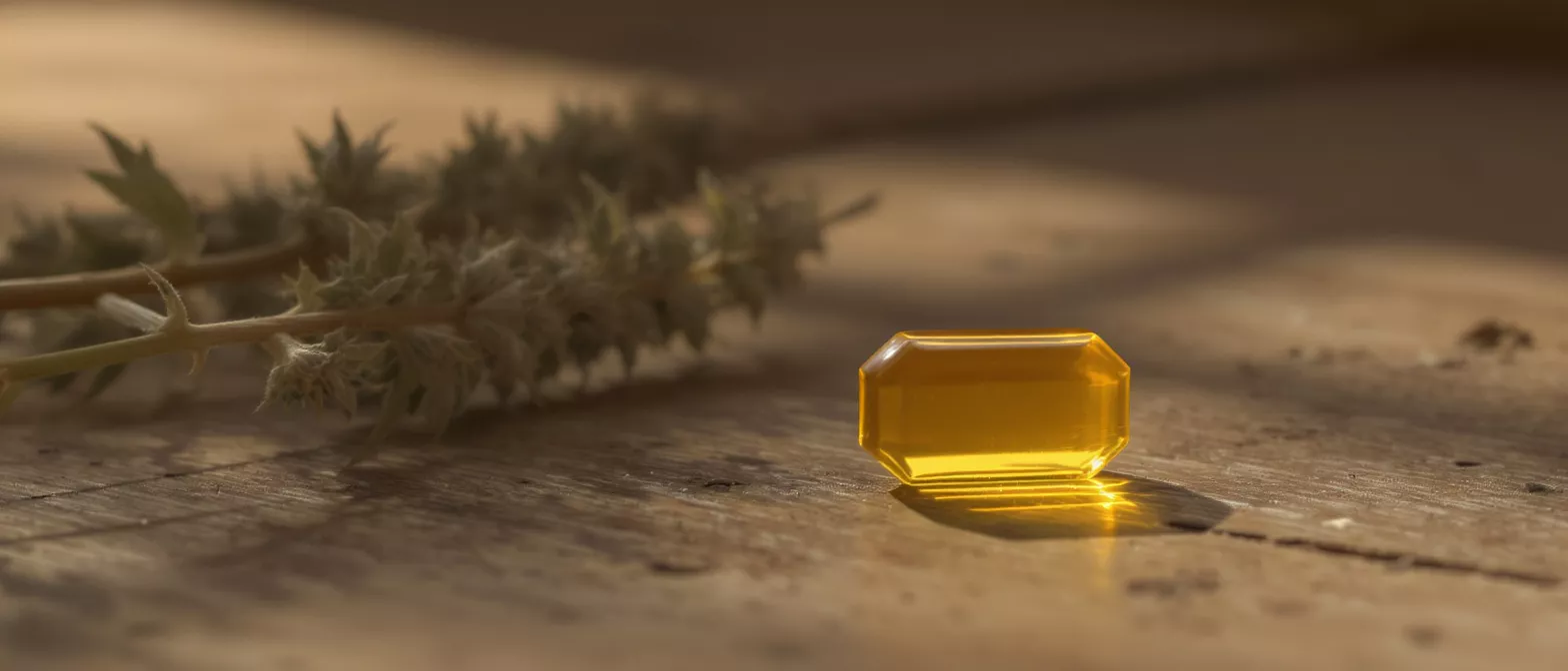 A golden capsule resting on a wooden surface