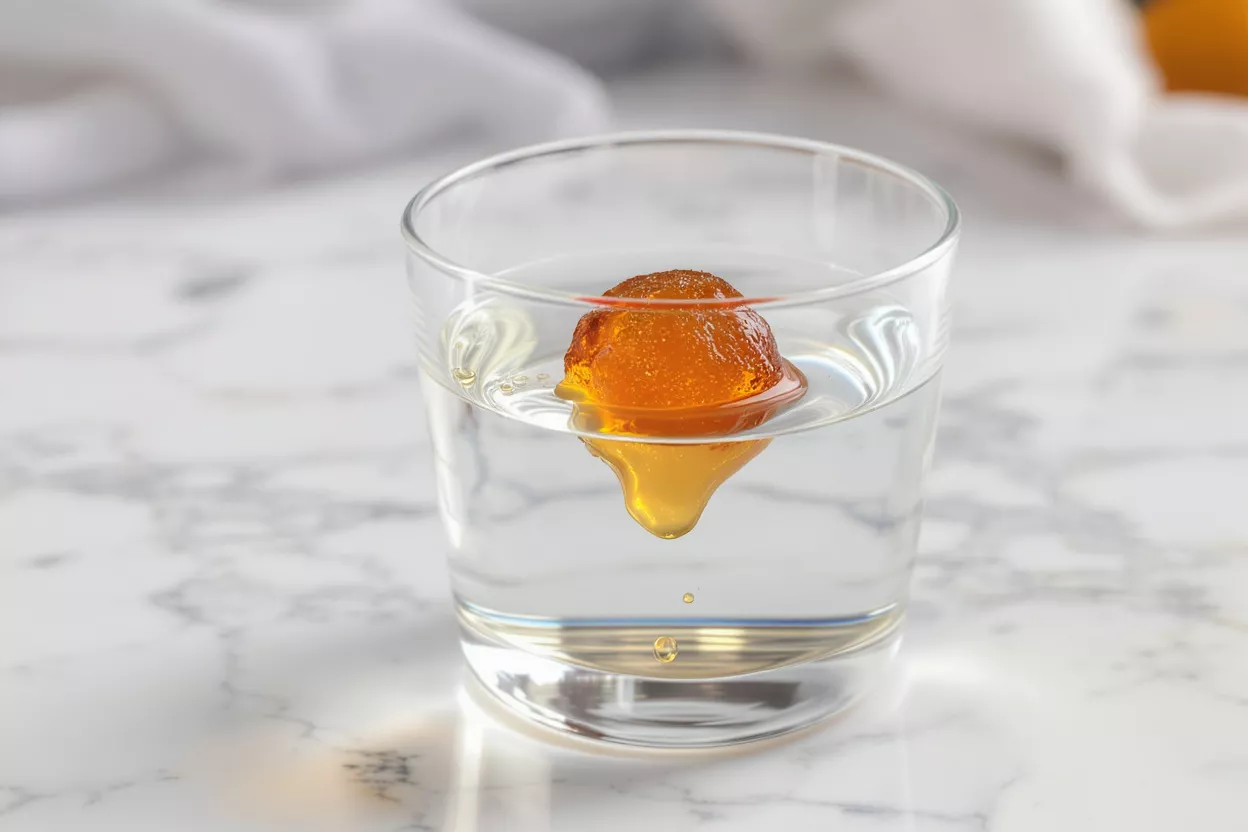 A honey gel floating in a glass of water