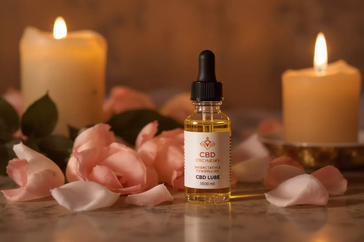 A bottle of CBD Lube on a marble surface with pink roses and candles.