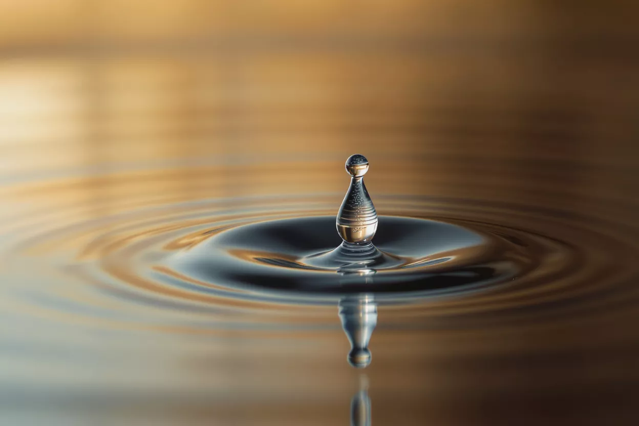 A macro photograph of a water droplet hitting a surface, creating golden ripples.