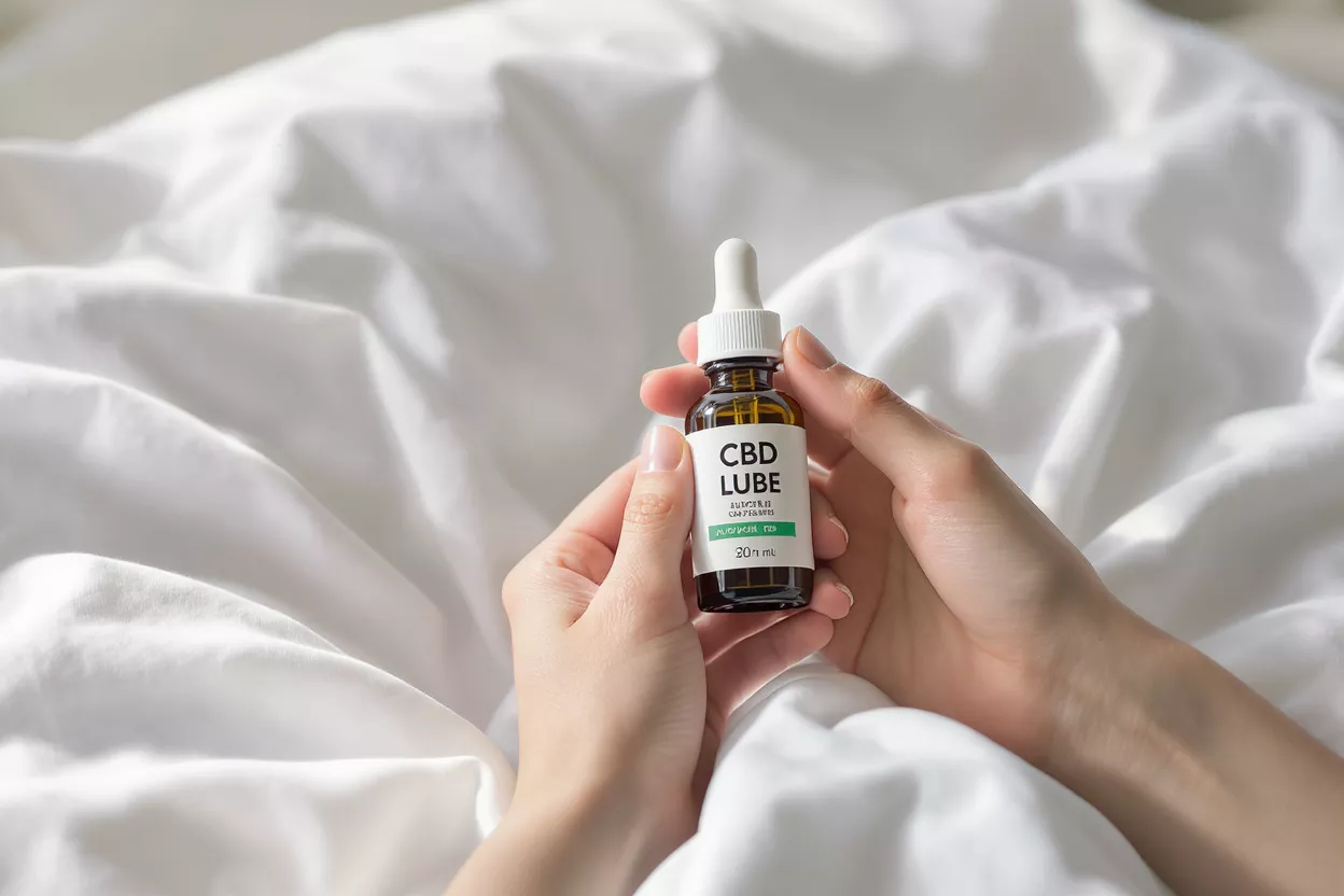 A person's hands holding a small brown bottle of CBD lube over white bedsheets.