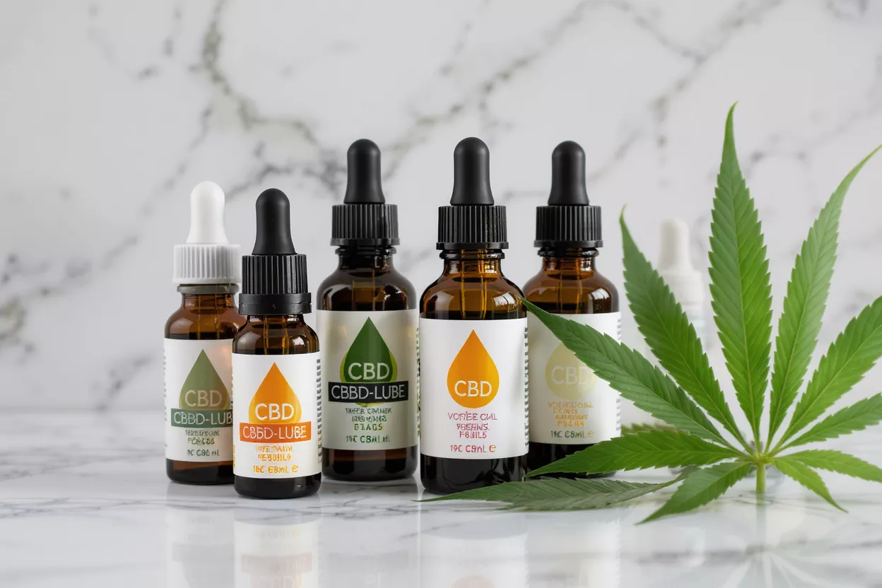 A lineup of brown glass dropper bottles of CBD lube with a cannabis leaf.
