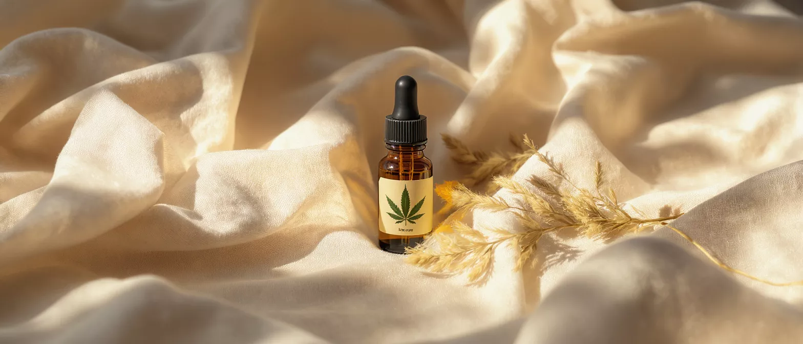 CBD Oil Dropper Bottle Amber glass dropper bottle with CBD oil on a cream fabric background.