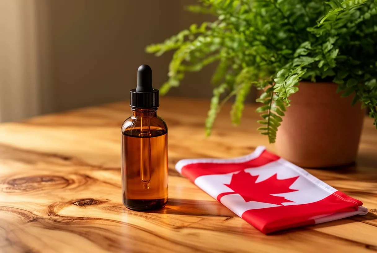 Frasco gotero ámbar de aceite de CBD, bandera canadiense y helecho sobre una mesa de madera.