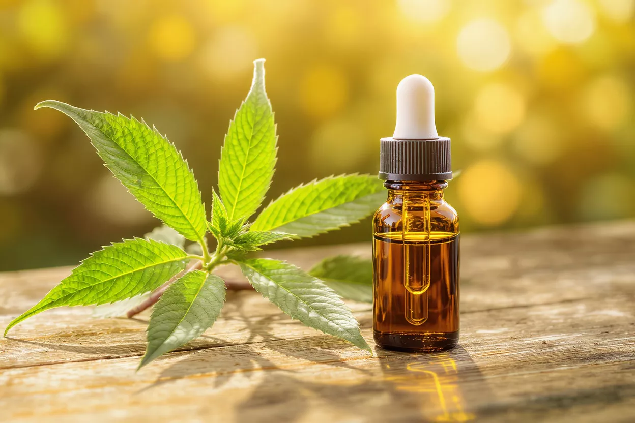 Aceite para la Salud Ósea con Vértebras Frasco gotero ámbar de aceite junto a un modelo de vértebras humanas sobre madera.