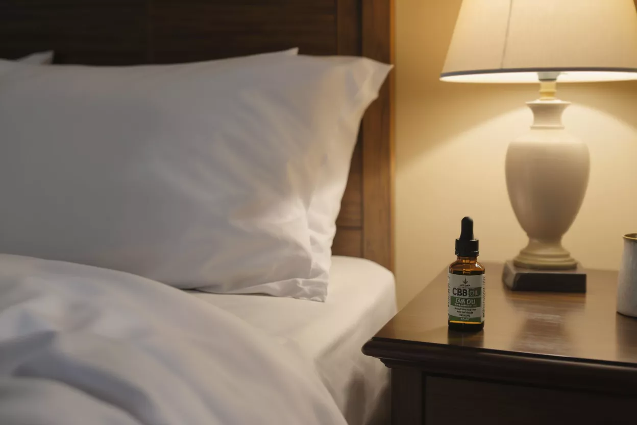 Aceite de CBD, lavanda y té Aceite de CBD, lavanda, té y un diario sobre una superficie de tela clara.