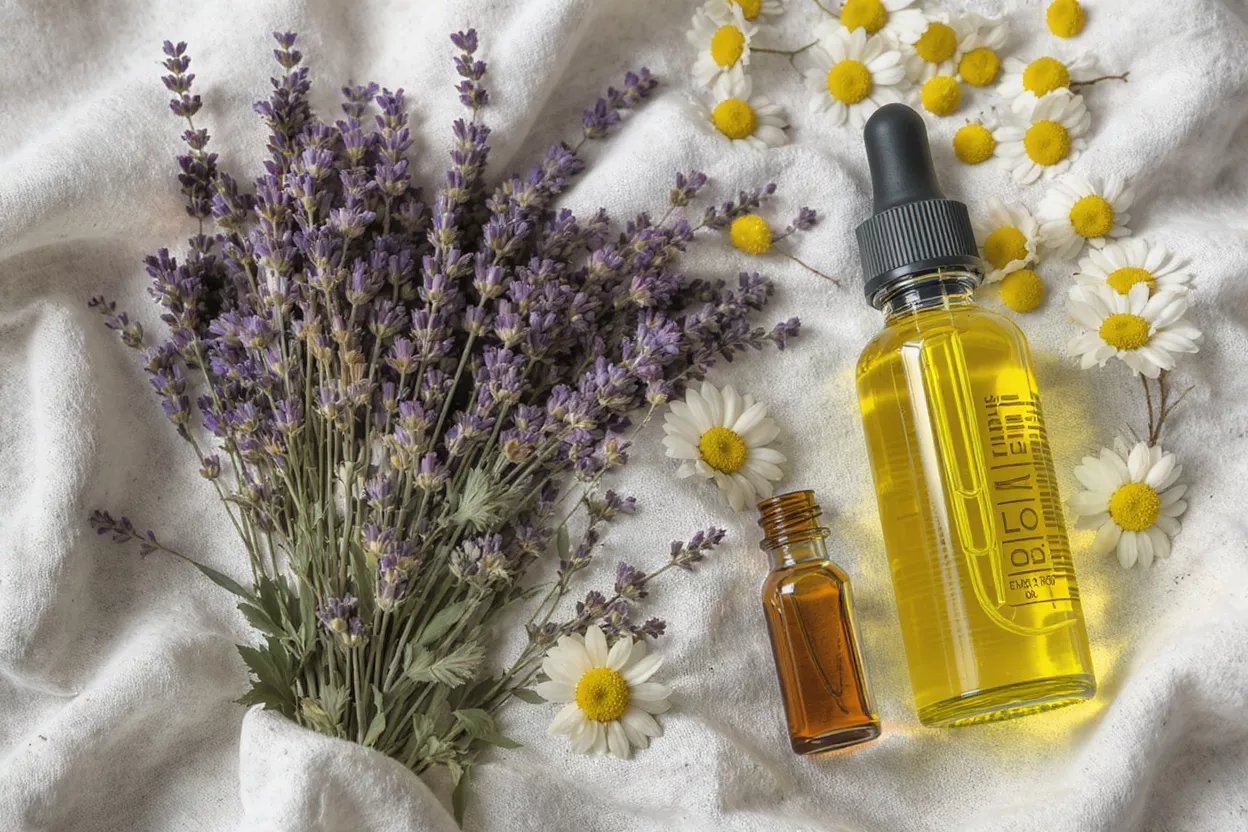 Botellas de aceite de CBD con hojas de cáñamo Dos frascos goteros, uno ámbar y otro verde, con hojas de cáñamo y una flor blanca.