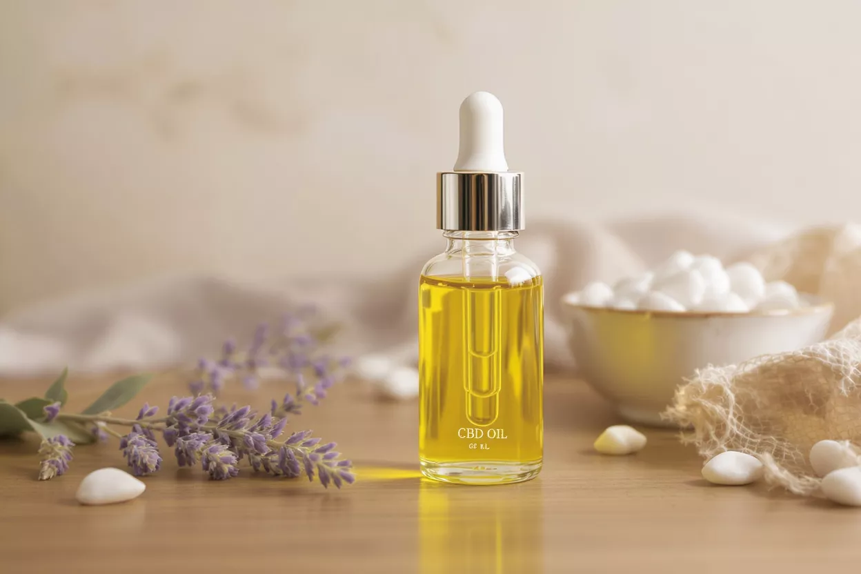 A glass bottle of CBD oil next to lavender flowers