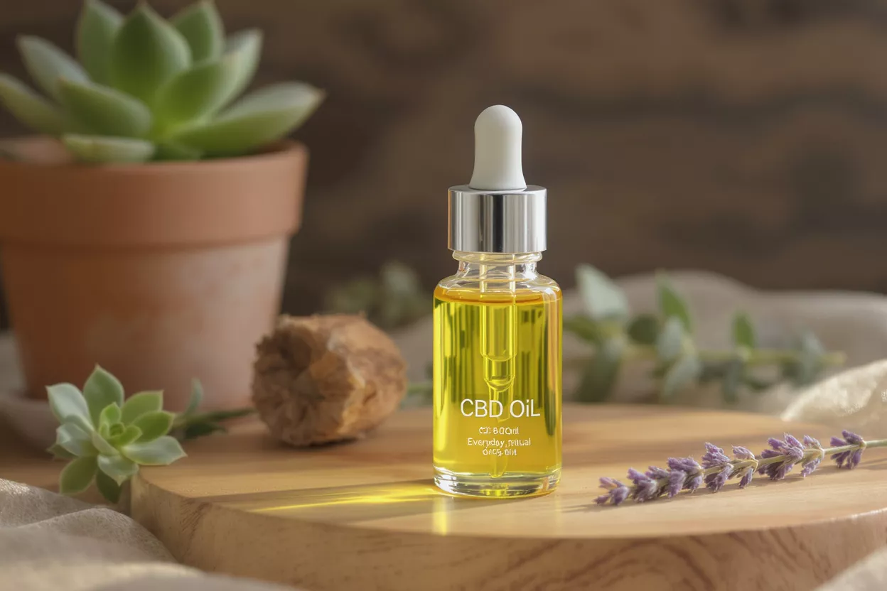 A bottle of CBD oil on a wooden surface