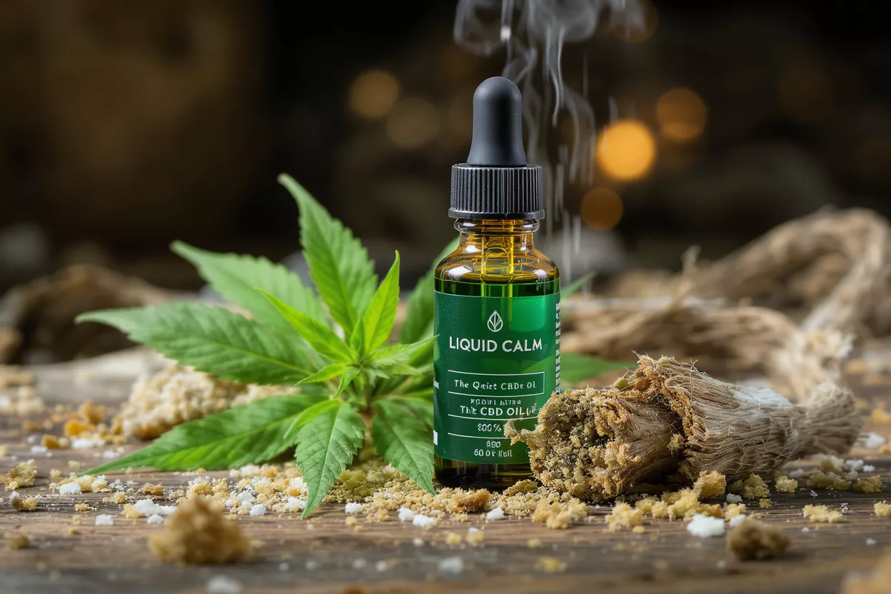 Bottle of Liquid Calm CBD oil with hemp leaves