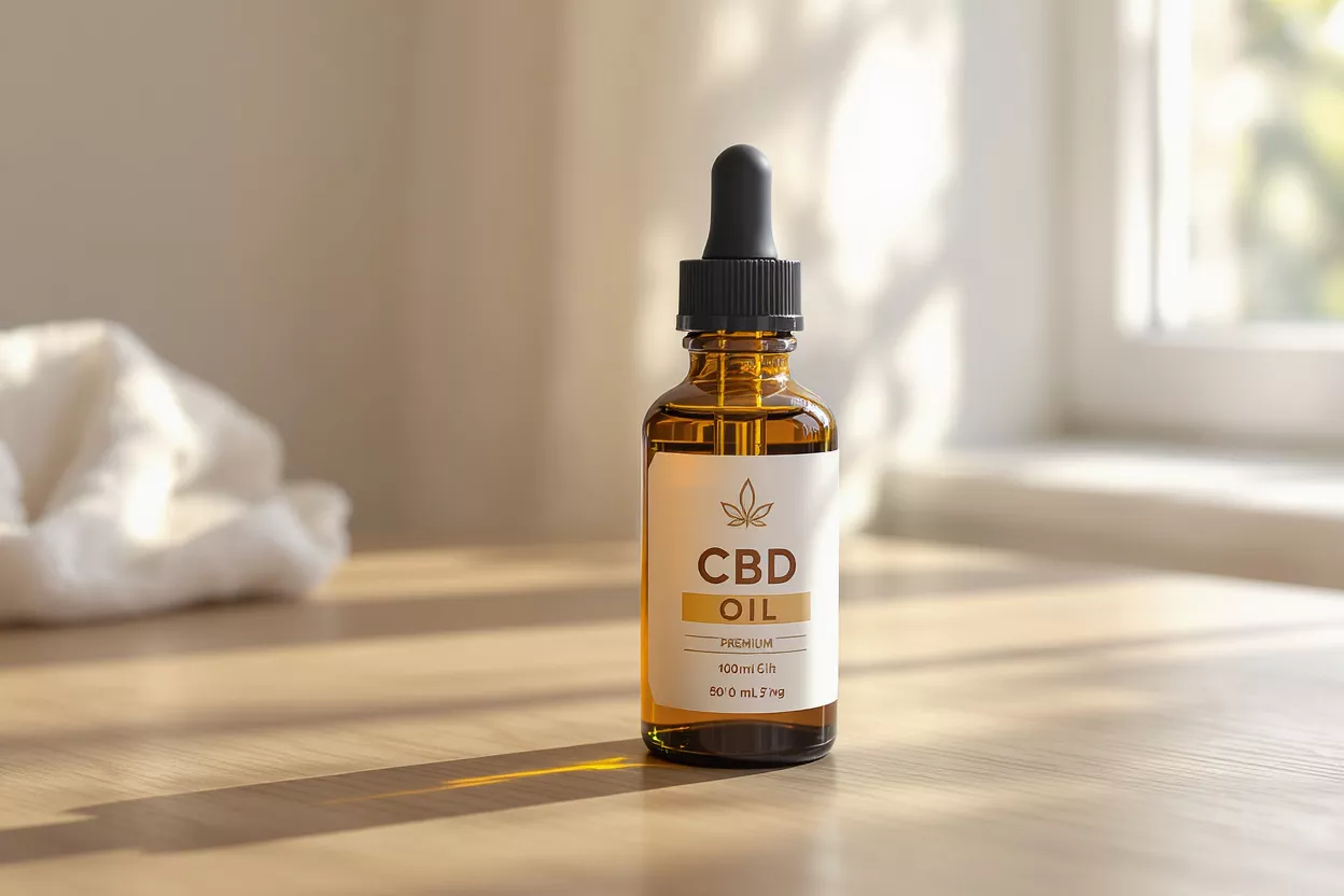 Amber glass bottle of CBD oil on wooden surface
